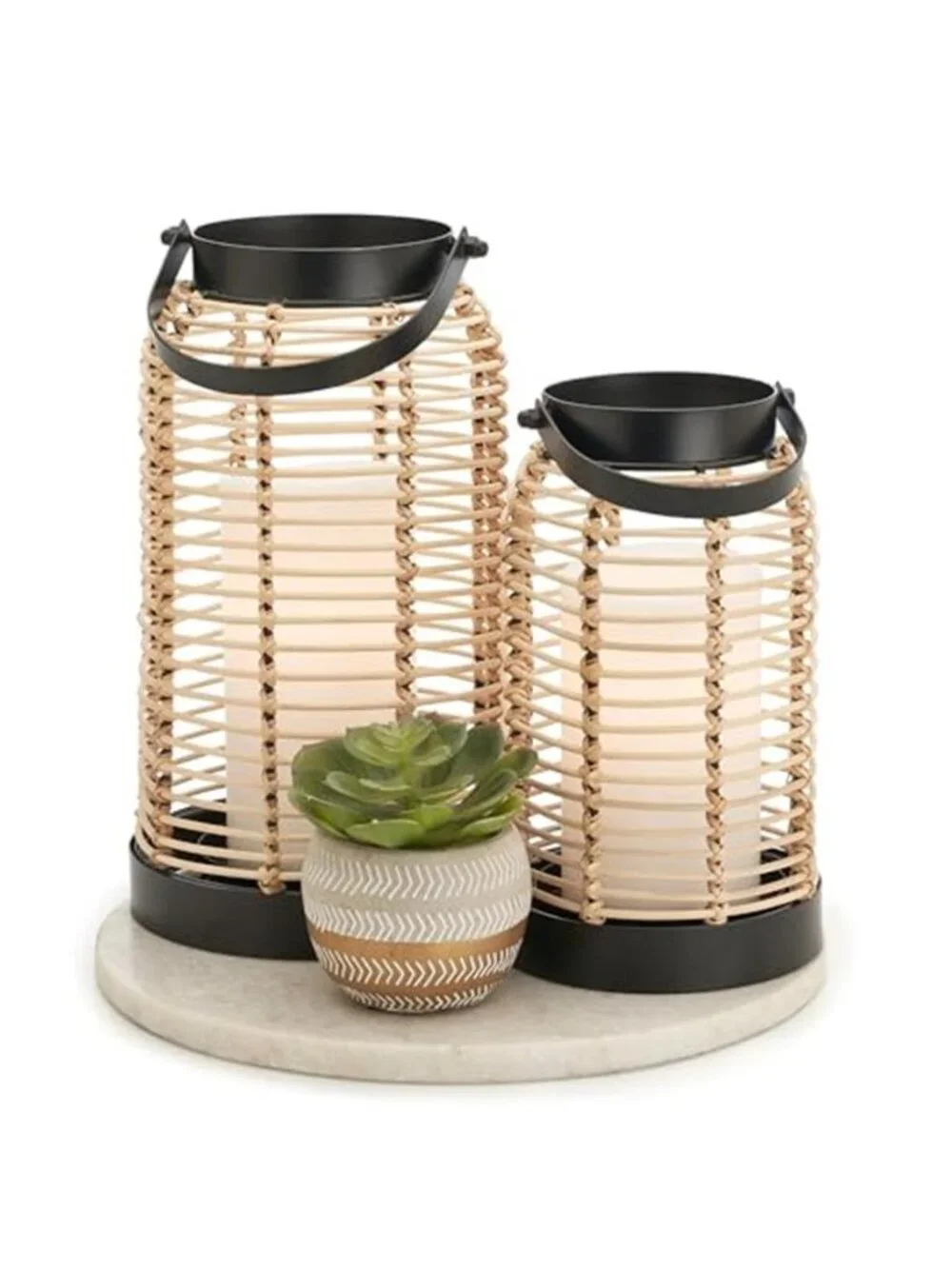 Set of 2 Natural Rattan Boho Lanterns Handcrafted Chic Decor